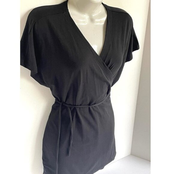 Eileen Fisher Wrap Top Medium Black V-Neck Short Sleeve Jersey Boxy Blouse Ties - Picture 2 of 7
